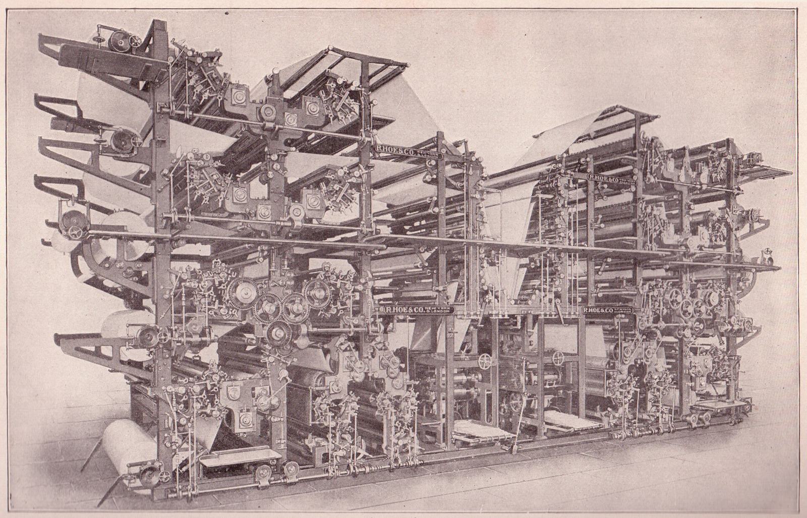 A vintage newspaper printing press, engraved illustration
