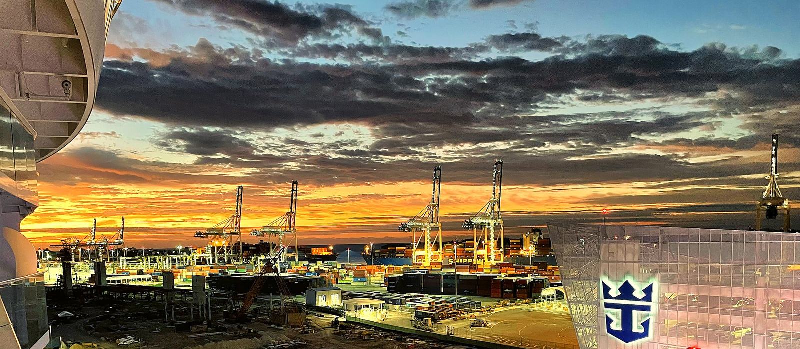 Sunrise over the Port of Miami cargo cranes